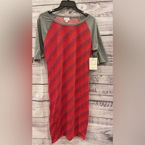 LulaRoe Julia dress with - red, blue, orange and grey.